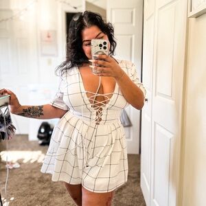 Black and White Grid Lace Up Romper